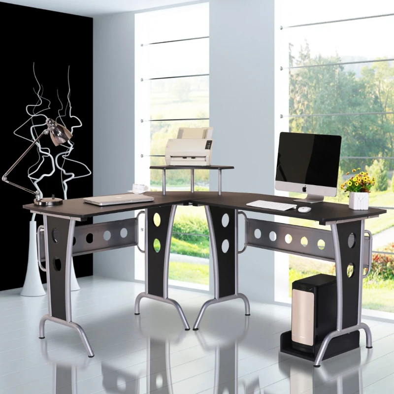 HOMCOM MDF L-Shaped Corner Home Office Desk w/ Steel Panels Black