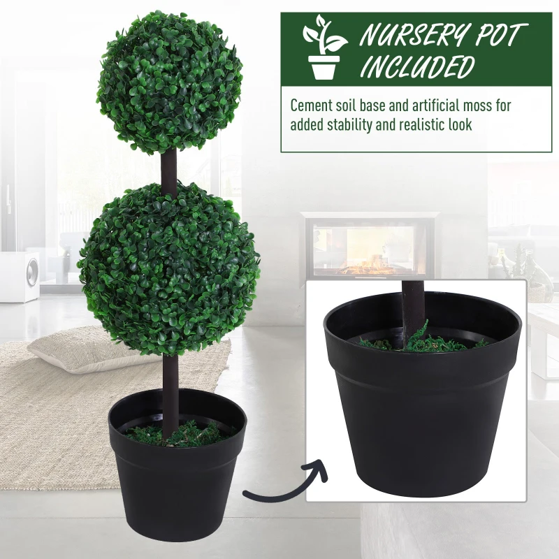 Outsunny Set of 2 Artificial Boxwood Ball Topiary Trees, 67cm Fake Plants in Pot for Outdoor and Indoor Décor