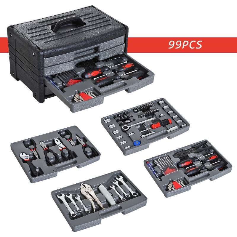 99 Pieces Mechanic Automotive Tool Box Tool Kit Set for Home