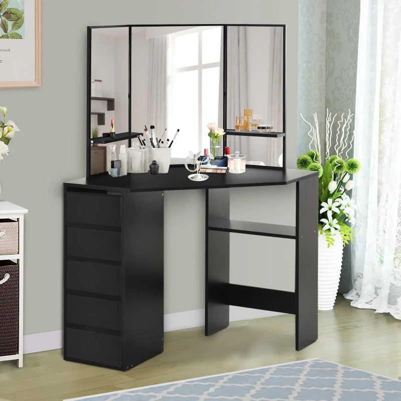HOMCOM Elegant Dressing Table w/ Tri-Mirror 5 Drawers 2 Shelves Vanity Dresser Black