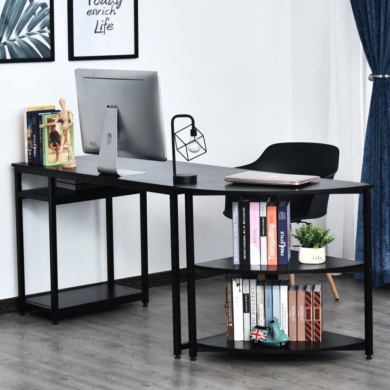 HOMCOM Two-Piece Computer Desk Moveable Corner Desk w/ Shelves Metal Frame Laminate Top Adjustable Feet Black Office Work