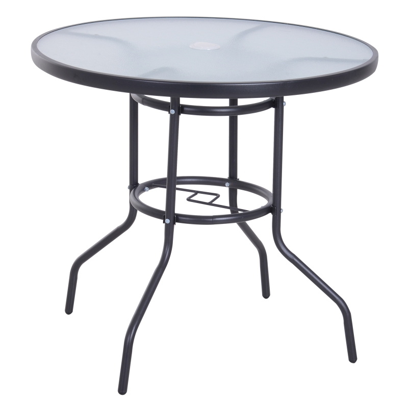 Outsunny Outdoor Round Dining Table Tempered Glass Top Steel Frame Bistro Coffee End Side Table