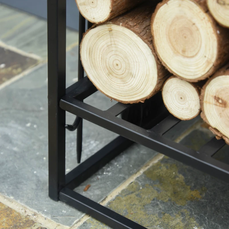 HOMCOM Steel Firewood Log Holder Indoor Outdoor Firewood Rack Fireplace Wood Storage Shelf with 4 Tools, Hooks, Scrolls, Rust-Resistant, Black, 75L x 30W x 60H cm