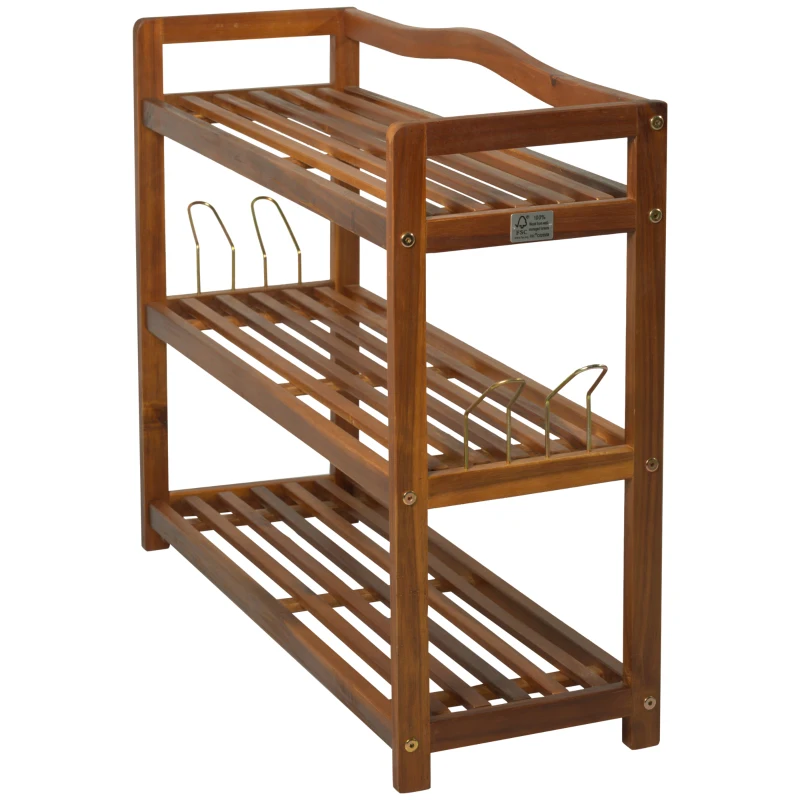 HOMCOM 12 Pairs Shoe Rack W/ Slipper Hanger, Acacia Wood-Teak Colour