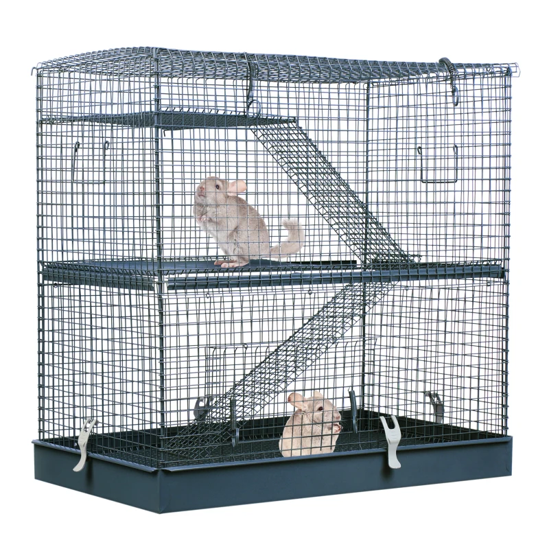 PawHut 3-Level Hamster Cage Small Animal Rat Pet Hutch House Easy Clip Base Ladder Grey