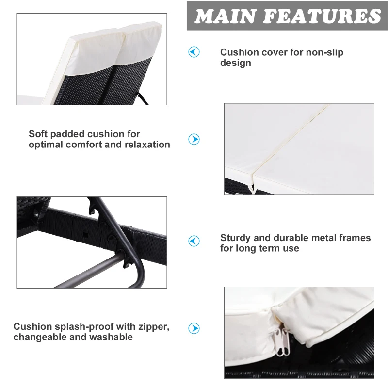 Outsunny PE Rattan 2-Seater Reclining Sun Lounger Black