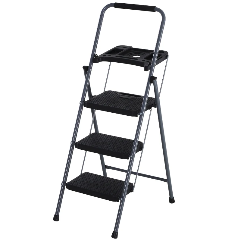 HOMCOM Duo Design Folding Ladder w/ Tool Box Anti-Slip Feet Metal Frame 150kg