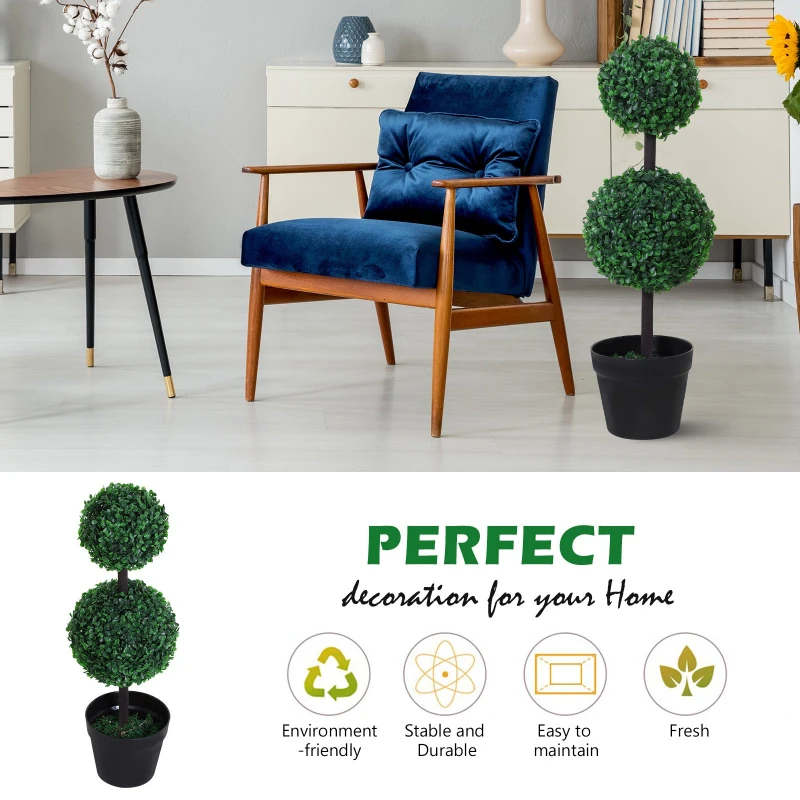 Outsunny Set of 2 Artificial Boxwood Ball Topiary Trees, 67cm Fake Plants in Pot for Outdoor and Indoor Décor