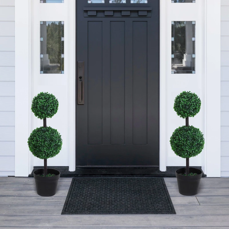 Outsunny Set of 2 Artificial Boxwood Ball Topiary Trees, 67cm Fake Plants in Pot for Outdoor and Indoor Décor