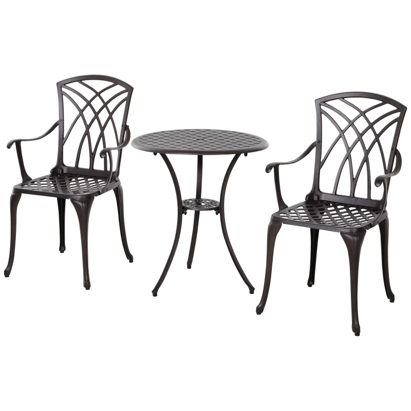 Outsunny Cast Aluminium 2-Seater Outdoor Garden Table & Chair Set Brown
