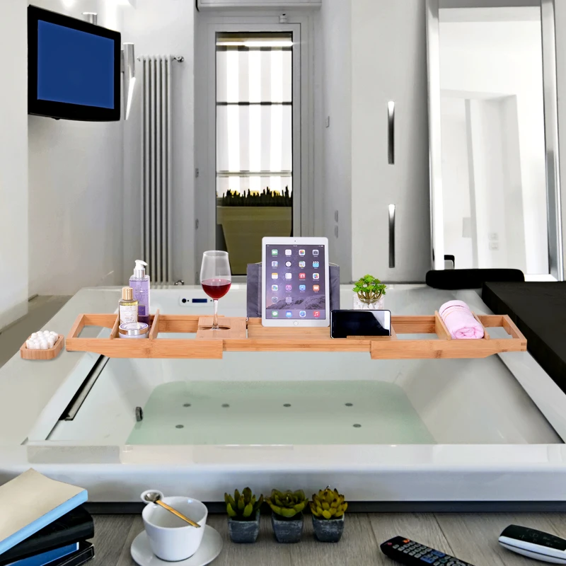 Kleankin Bath Rack Caddy Bath Tray Caddies, 73.5-108L x 23W x 6Hcm-Natrual Bamboo Colour