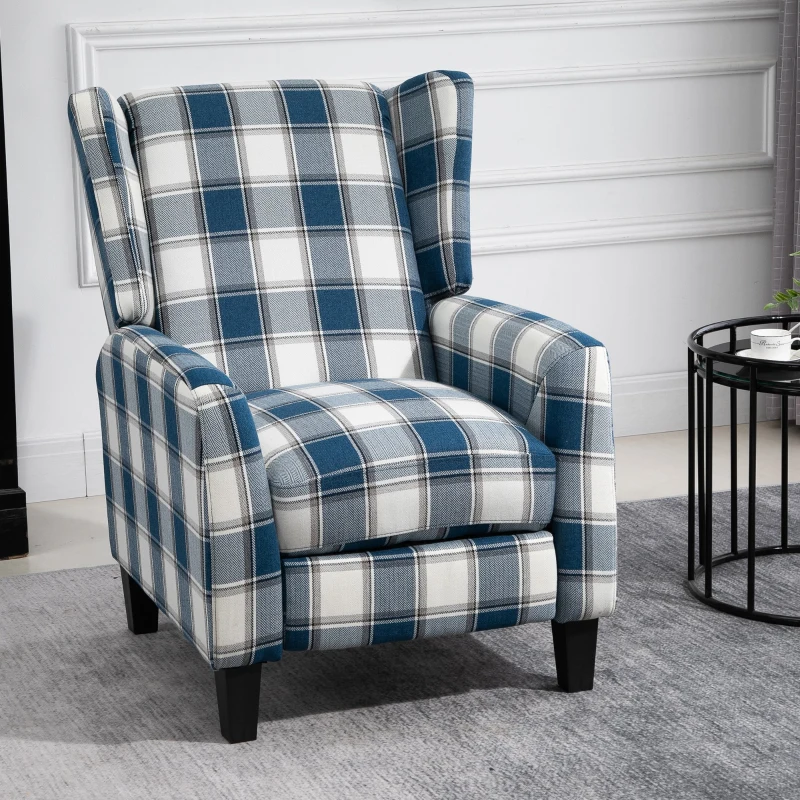 HOMCOM Polyester Upholstered Reclining Plaid Armchair w/ Retractable Footrest Blue