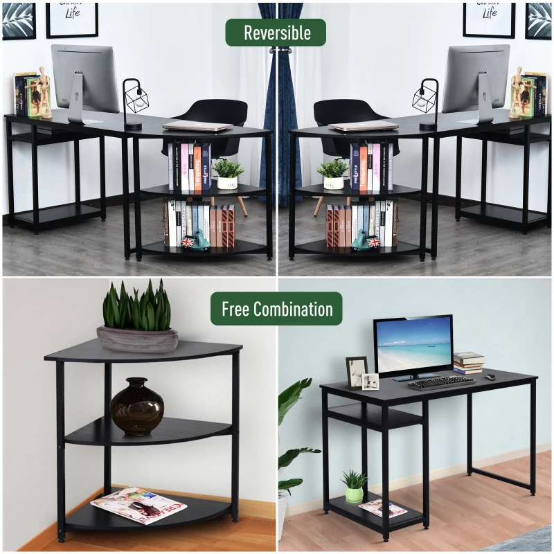 HOMCOM Two-Piece Computer Desk Moveable Corner Desk w/ Shelves Metal Frame Laminate Top Adjustable Feet Black Office Work