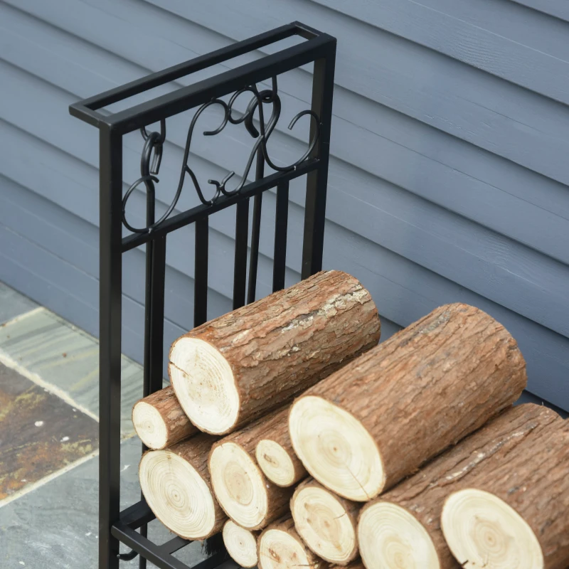 HOMCOM Steel Firewood Log Holder Indoor Outdoor Firewood Rack Fireplace Wood Storage Shelf with 4 Tools, Hooks, Scrolls, Rust-Resistant, Black, 75L x 30W x 60H cm
