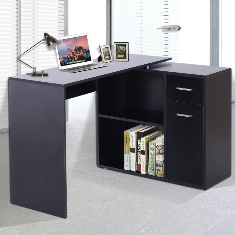HOMCOM 180 Degree Rotating Corner Desk L- Shaped Table Home Office Workstation Black