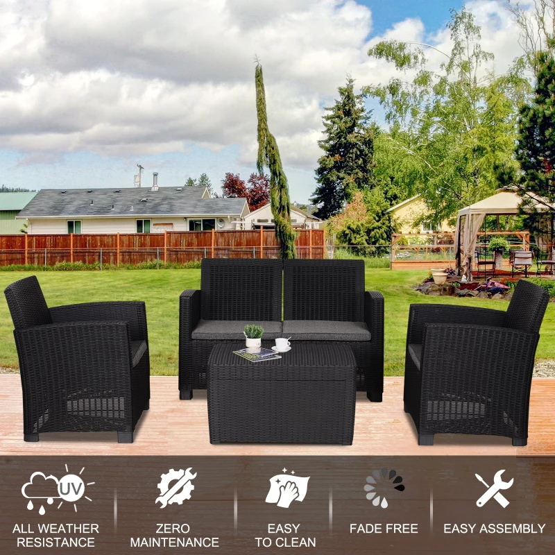 Outsunny 4-Seater Outdoor Garden PP Rattan Effect Furniture Set w/ Cushion Black