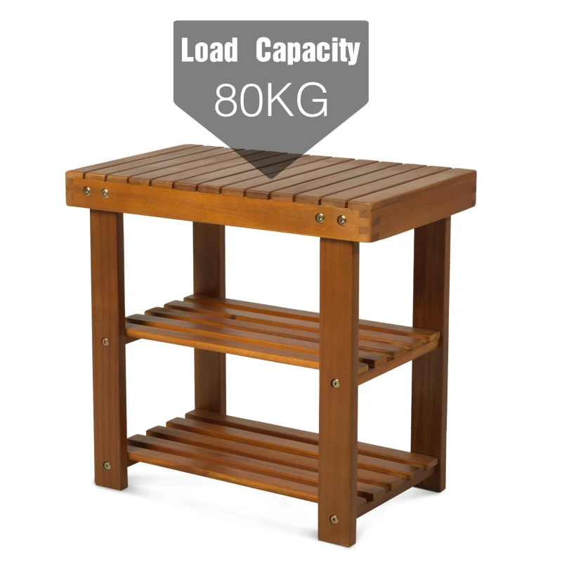 HOMCOM 3-Tier Shoe Rack Stool, Acacia Wood-Teak Colour