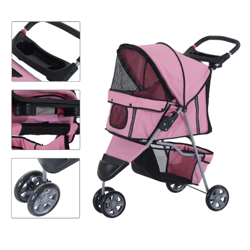 PawHut Dogs Oxford Cloth Three Wheel Pram Pink - Suitable for Small Pets