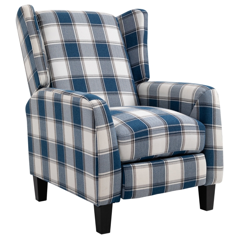 Plaid Reclining Armchair w/ Wood Frame Footrest Padding