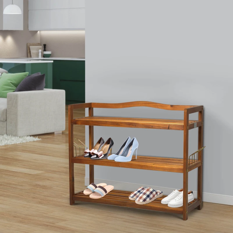 HOMCOM 12 Pairs Shoe Rack W/ Slipper Hanger, Acacia Wood-Teak Colour