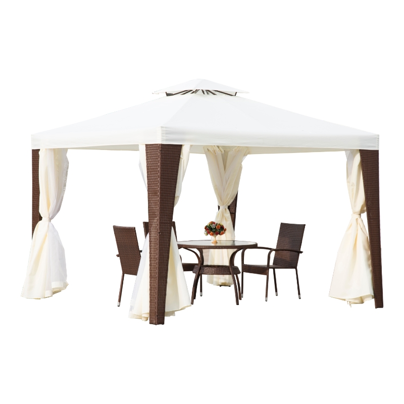 Outsunny 3m x 3m Gazebo With Sides Rattan Gazebo W/Curtain Brown/Beige