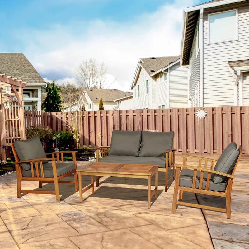 Outsunny 4pcs Acacia Wood Outdoor 4-Seater Table Chair Set Chat w/ Cushions Patio Garden