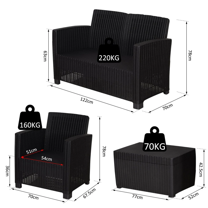 Outsunny 4-Seater Outdoor Garden PP Rattan Effect Furniture Set w/ Cushion Black