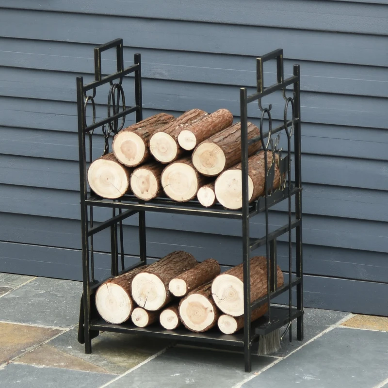 Outsunny Metal Firewood Log Holder 2 Tier Firewood Rack Indoor Outdoor Fireplace Wood Storage Shelf with 4 Tools, Hooks, Elk Shape Design, Black Gold Tone, 51.5W x 33D x 77H cm