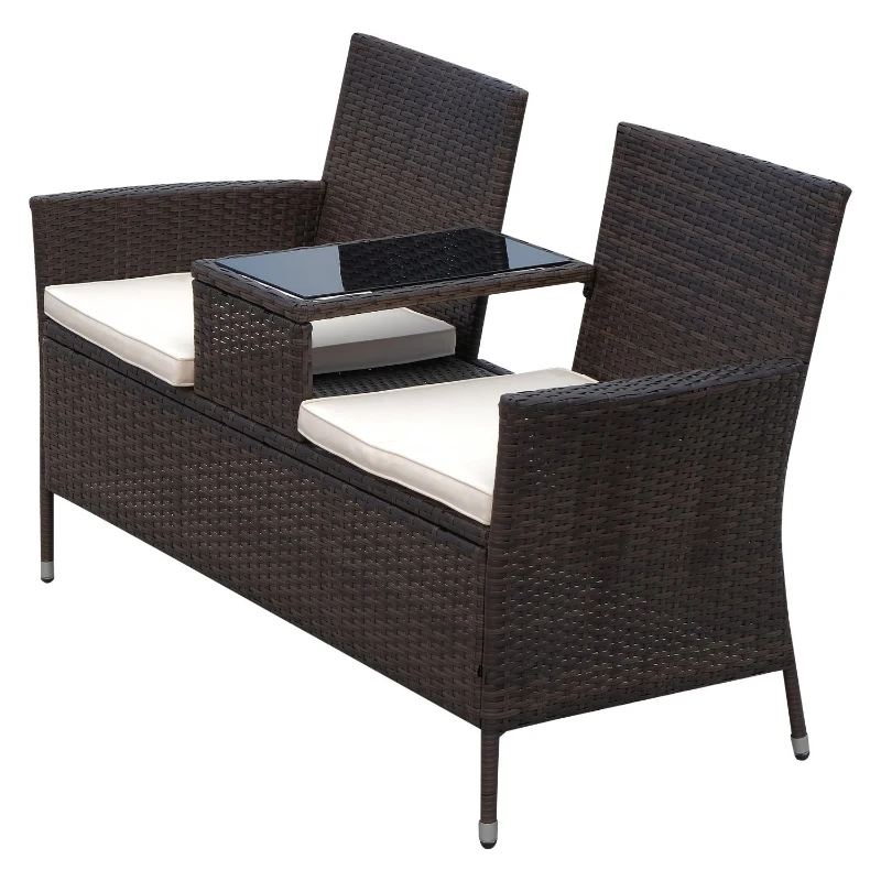 Outsunny 2-Seater Rattan Loveseat, 63Dx133Wx84H cm-Dark Brown