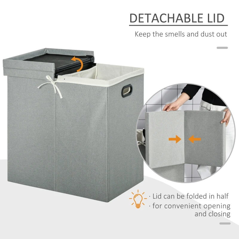 HOMCOM 115L Folding Laundry Hamper Storage Basket 2 Sections w/ Lid Removable Liner