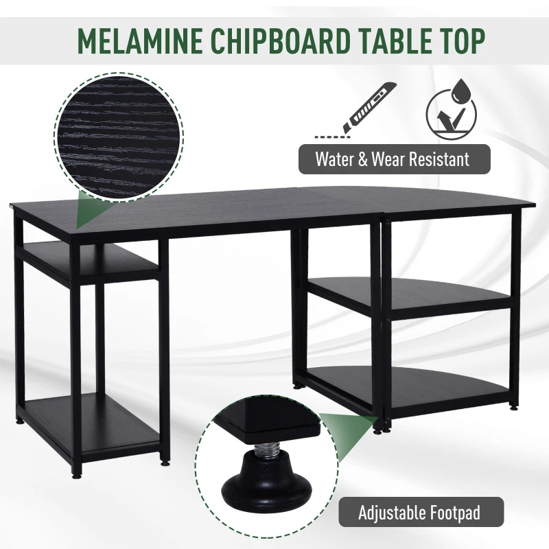 HOMCOM Two-Piece Computer Desk Moveable Corner Desk w/ Shelves Metal Frame Laminate Top Adjustable Feet Black Office Work