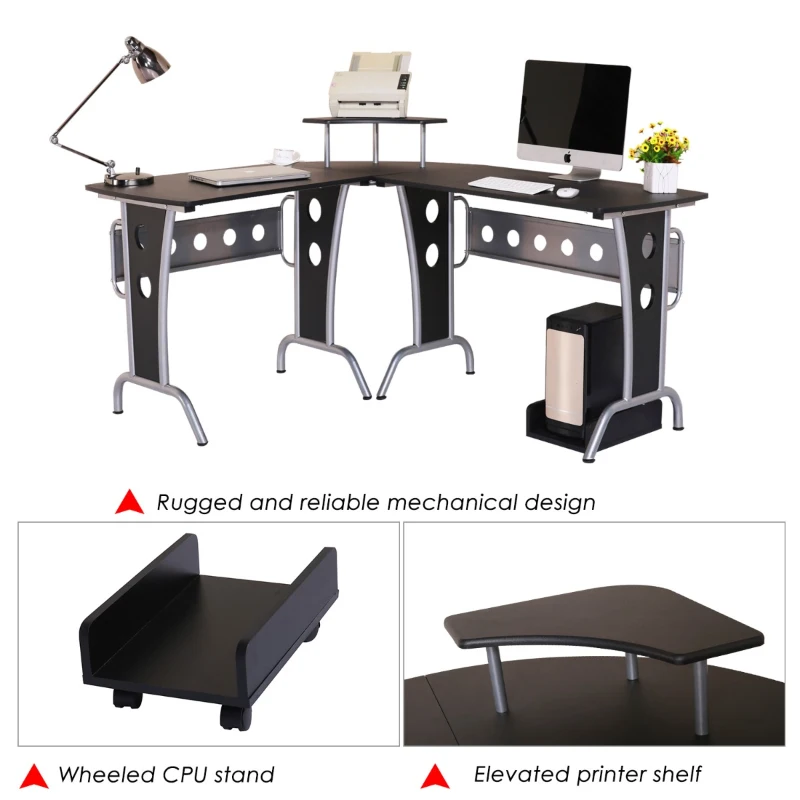 HOMCOM MDF L-Shaped Corner Home Office Desk w/ Steel Panels Black