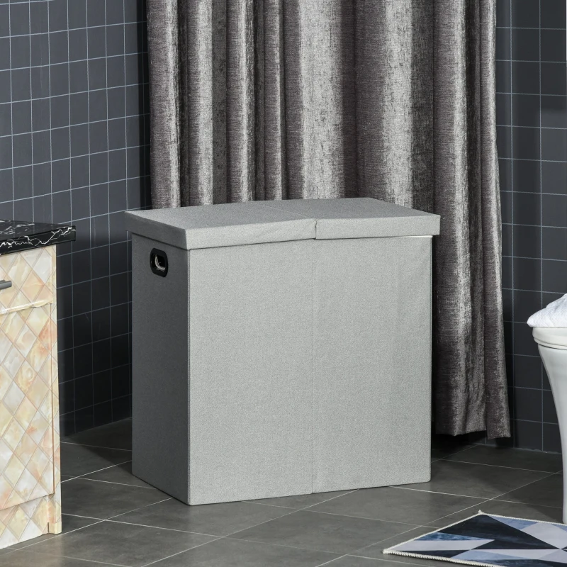 HOMCOM 115L Folding Laundry Hamper Storage Basket 2 Sections w/ Lid Removable Liner