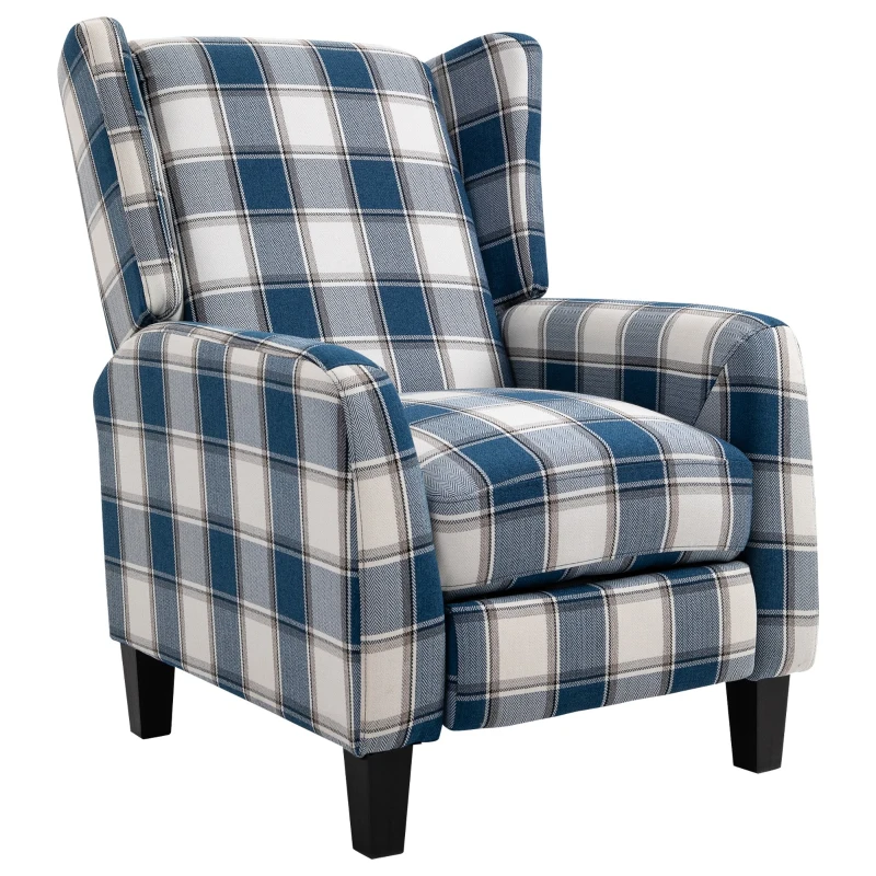 HOMCOM Polyester Upholstered Reclining Plaid Armchair w/ Retractable Footrest Blue