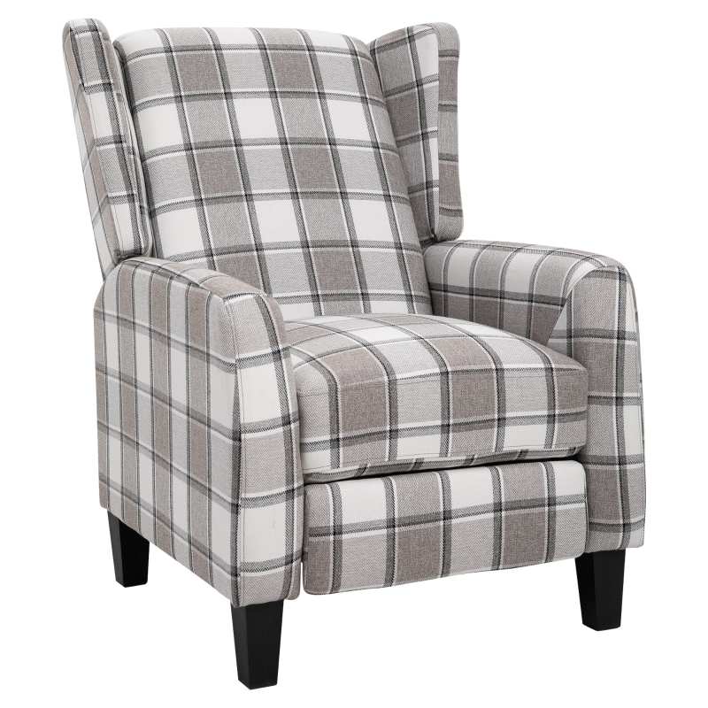 Plaid Reclining Armchair w/ Wood Frame Footrest Padding