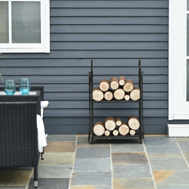 Outsunny Metal Firewood Log Holder 2 Tier Firewood Rack Indoor Outdoor Fireplace Wood Storage Shelf with 4 Tools, Hooks, Elk Shape Design, Black Gold Tone, 51.5W x 33D x 77H cm