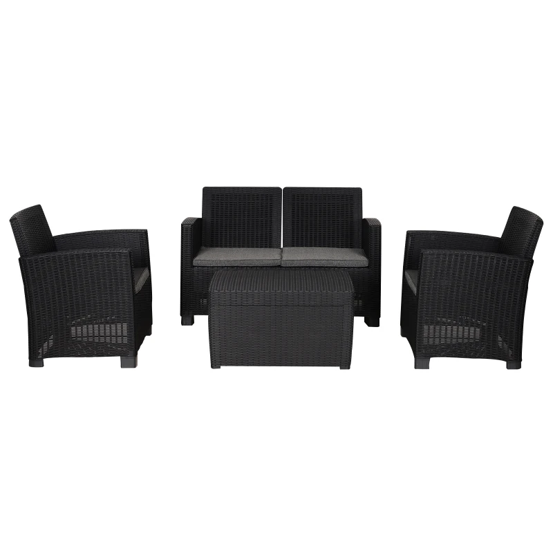 Outsunny 4-Seater Outdoor Garden PP Rattan Effect Furniture Set w/ Cushion Black