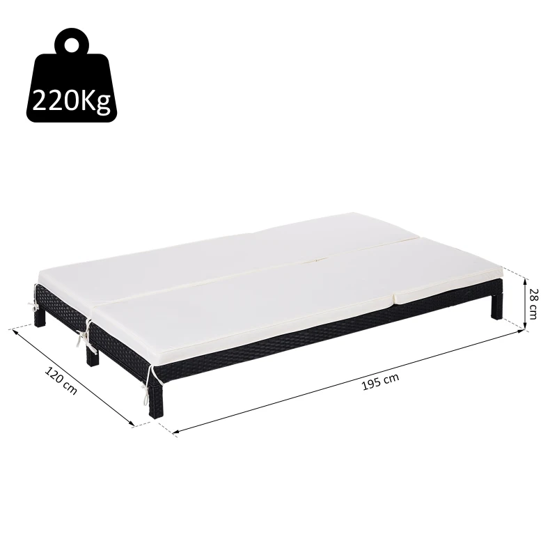 Outsunny PE Rattan 2-Seater Reclining Sun Lounger Black