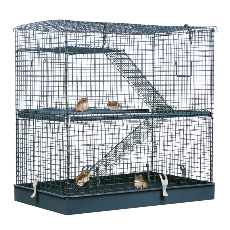 PawHut 3-Level Hamster Cage Small Animal Rat Pet Hutch House Easy Clip Base Ladder Grey