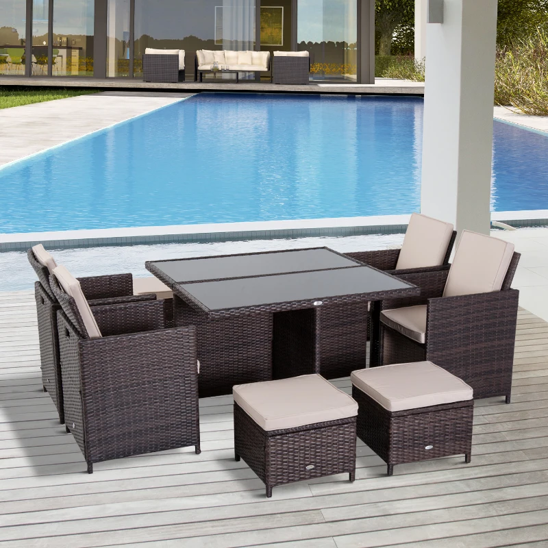 Outsunny 9 PCS Rattan Dining Set-Brown