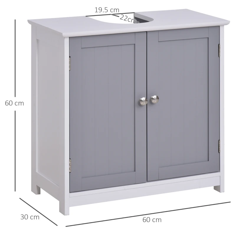 kleankin 60x60cm Under-Sink Storage Cabinet w/ Adjustable Shelf Handles Drain Hole Bathroom Cabinet Space Saver Organizer White and Grey