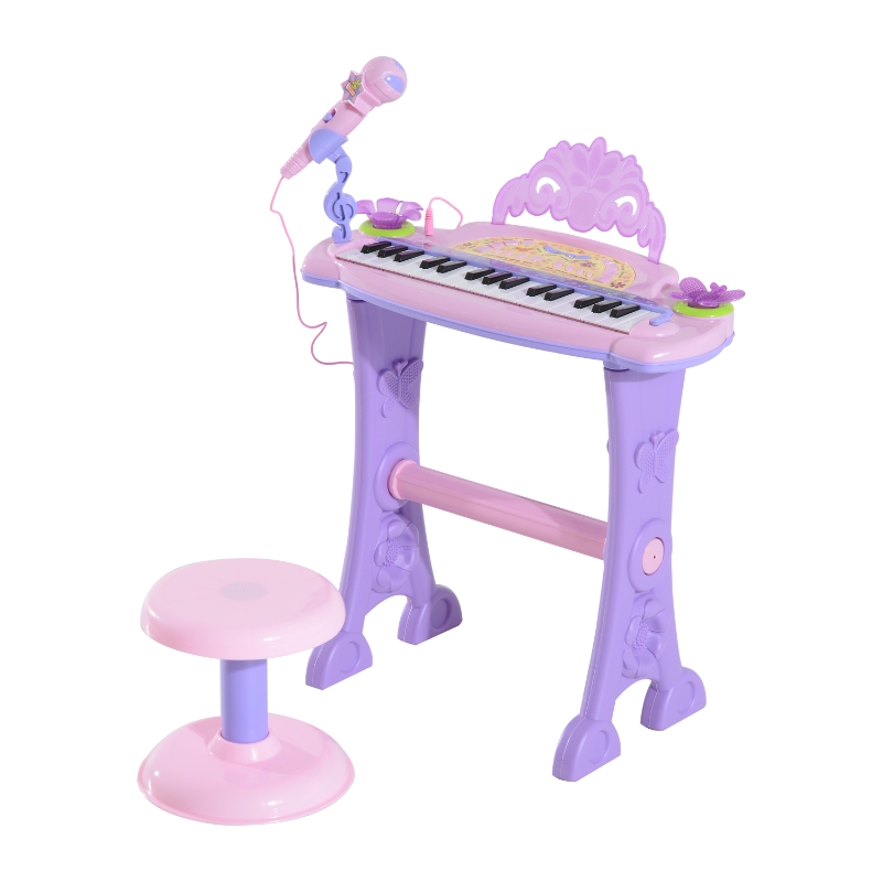HOMCOM Mini Electronic Organ Piano W/Microphone and Stool-Purple/Pink