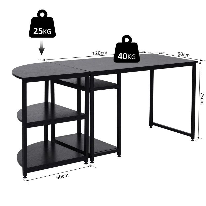 HOMCOM Two-Piece Computer Desk Moveable Corner Desk w/ Shelves Metal Frame Laminate Top Adjustable Feet Black Office Work