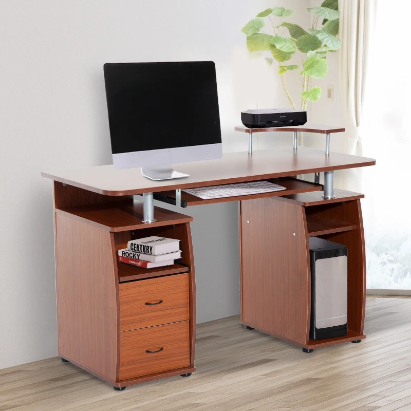 HOMCOM MDF Multi-Level Home Office Workstation Desk with Drawers Brown