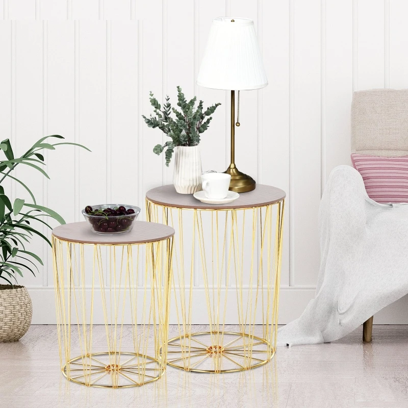 HOMCOM 2 PCS Wood Metal Bedside Table W/ Storage Sofa End Coffee Side Table Gold