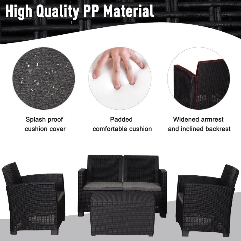 Outsunny 4-Seater Outdoor Garden PP Rattan Effect Furniture Set w/ Cushion Black