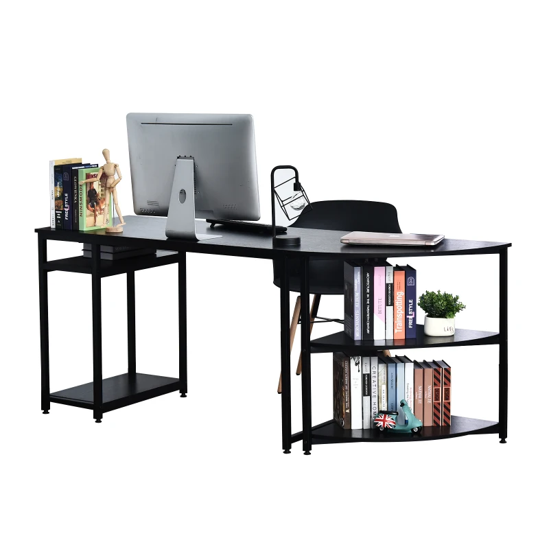 HOMCOM Two-Piece Computer Desk Moveable Corner Desk w/ Shelves Metal Frame Laminate Top Adjustable Feet Black Office Work