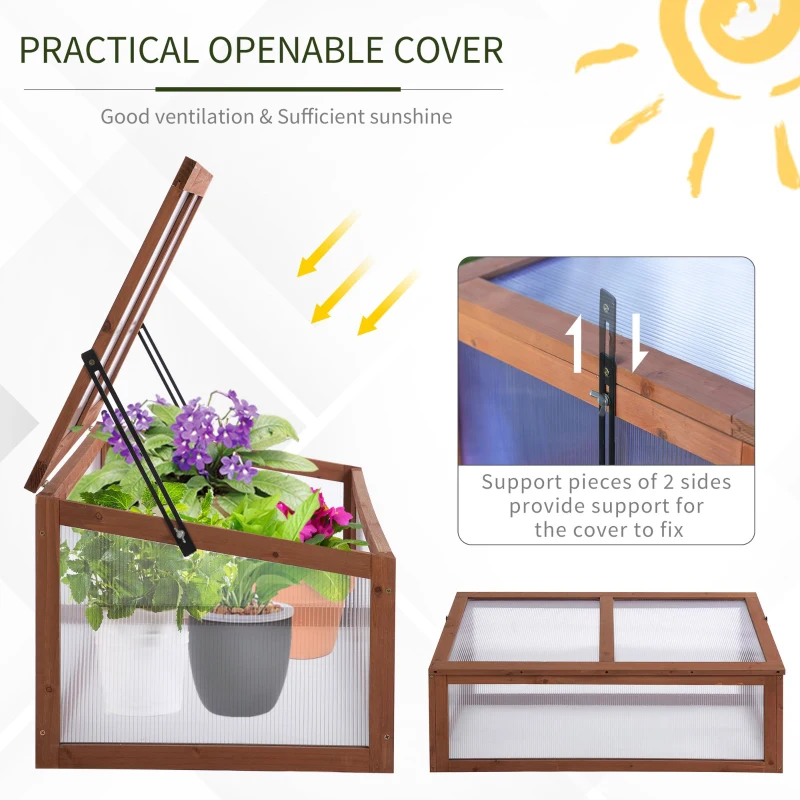 Outsunny Wooden Cold Frame with Openable & Tilted Top Cover, Outdoor Polycarbonate Greenhouse for Plant, 100 x 65 x 40cm, Brown
