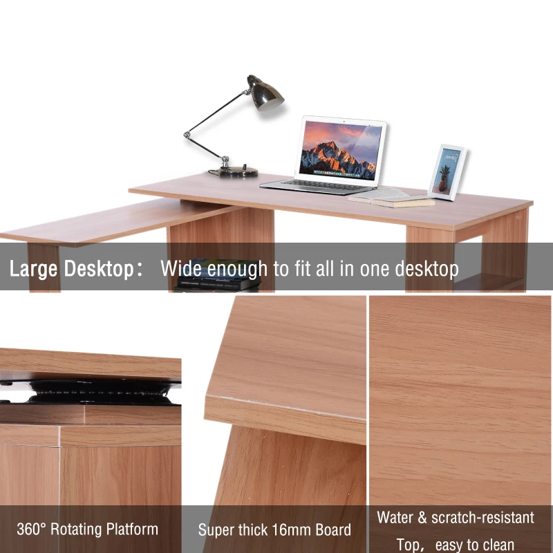 HOMCOM 360° Rotating L-Shaped Corner Desk Storage Shelf Combo