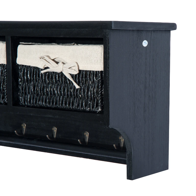 HOMCOM Wall Mounted Cabinet Hallway Storage Unit Shelf w/Wicker Basket Coat Hooks Black